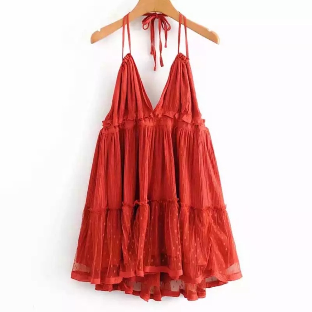 SOLD OUT Red Swiss Dot Ruffle Mesh Halter Mini Dress - Picture 2 of 6